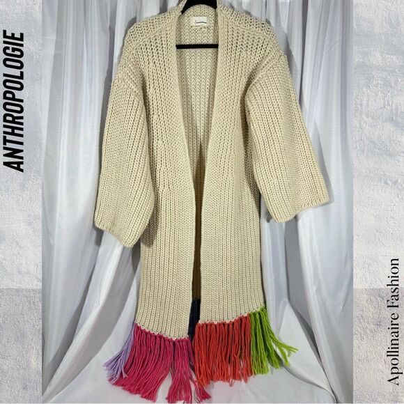 ANTHROPOLOGIE CARDI DUSTER MULTI COLORED FRINGED IN CREME NWOT OS - Picture 4 of 6